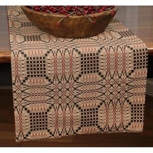 Primitive Colonial Trenton‎ Coverlet Table Runner 14" x 36" Black Red Nutmeg NEW